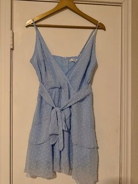 Light Blue Polka Dot Tie-Waist Mini Dress